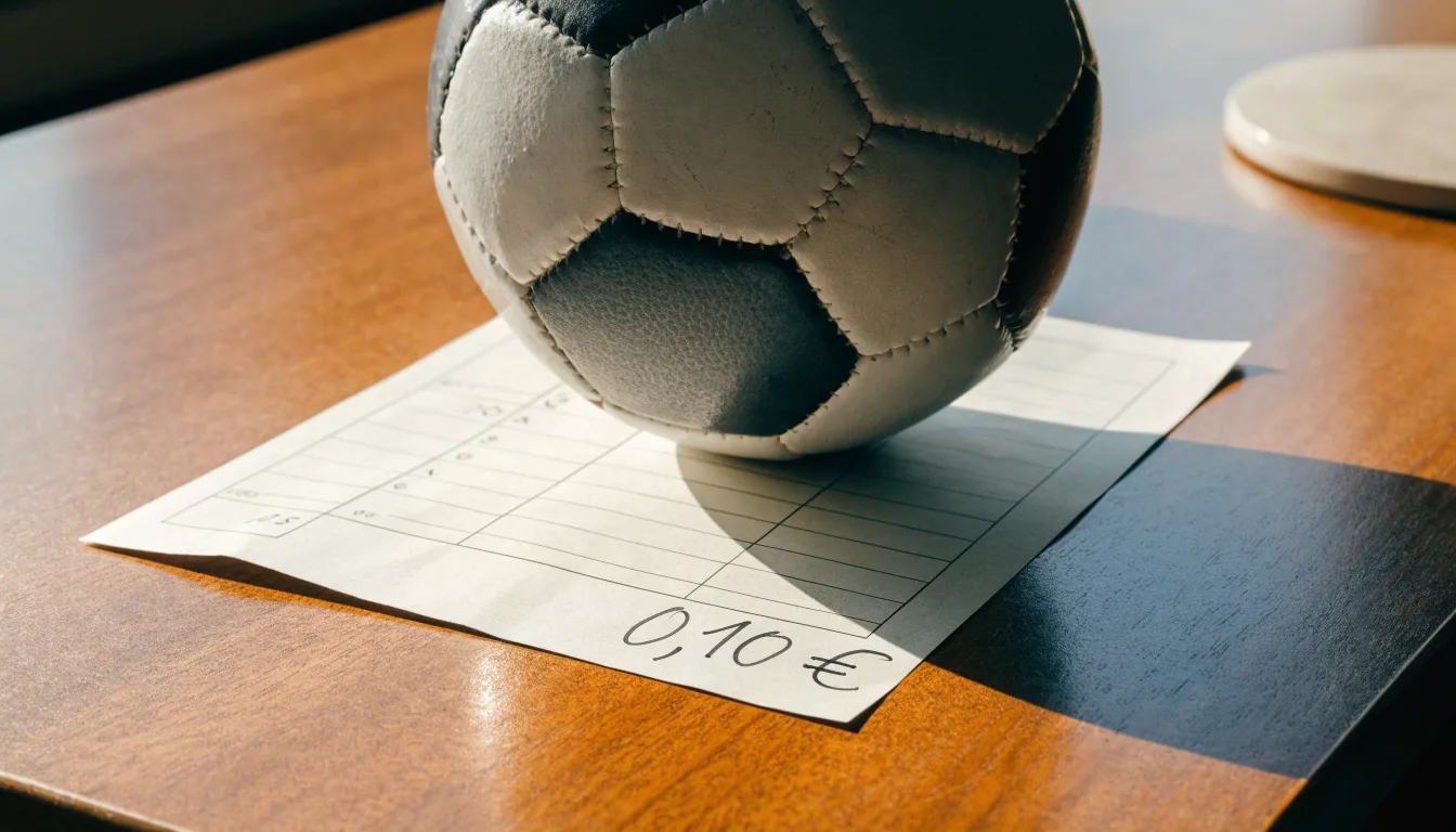 Uma bola de futebol pousada sobre um talão de apostas em branco numa mesa de madeira, à luz do dia