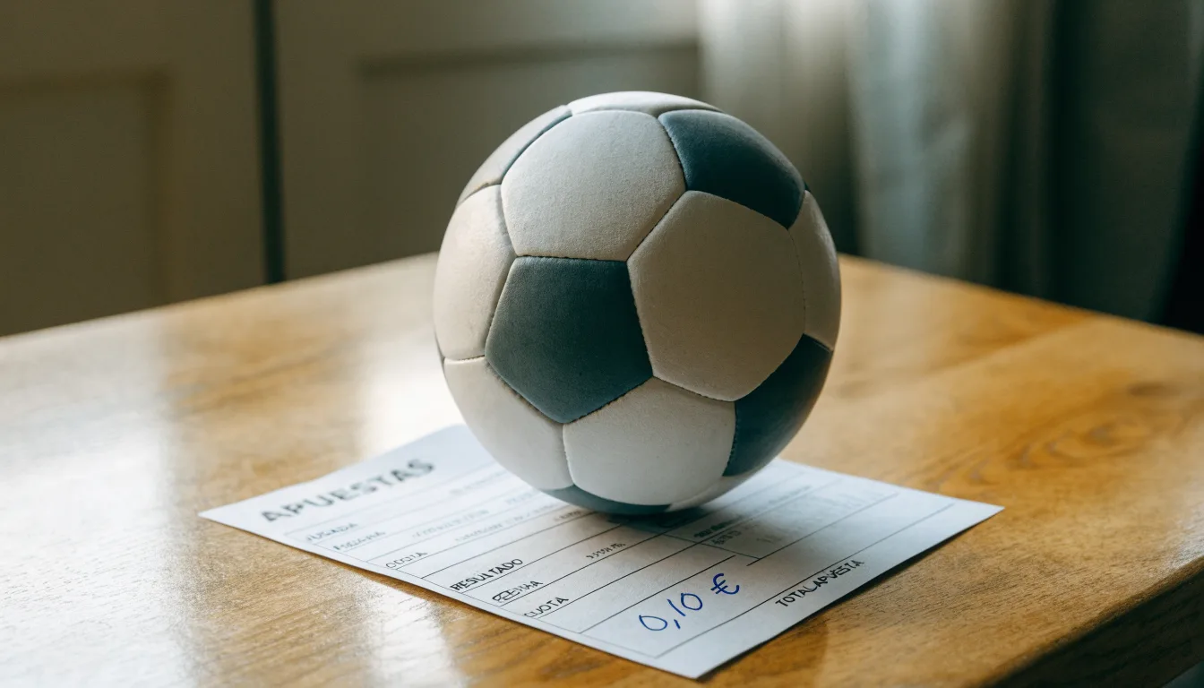 Uma bola de futebol pousada sobre um talão de apostas em branco numa mesa de madeira, à luz do dia
