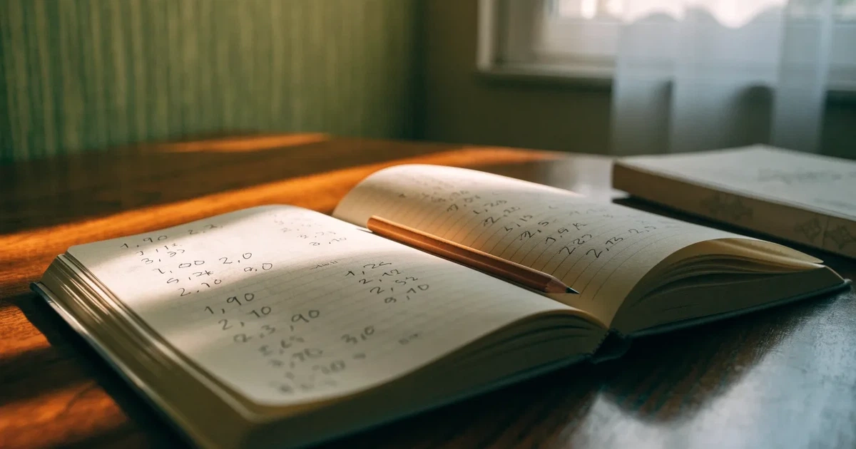Um caderno aberto com cotas escritas à mão, uma calculadora e um lápis sobre uma mesa de madeira