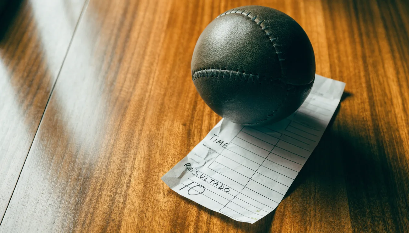 Uma bola de futebol pousada sobre um talão de apostas em branco numa mesa de madeira, à luz do dia