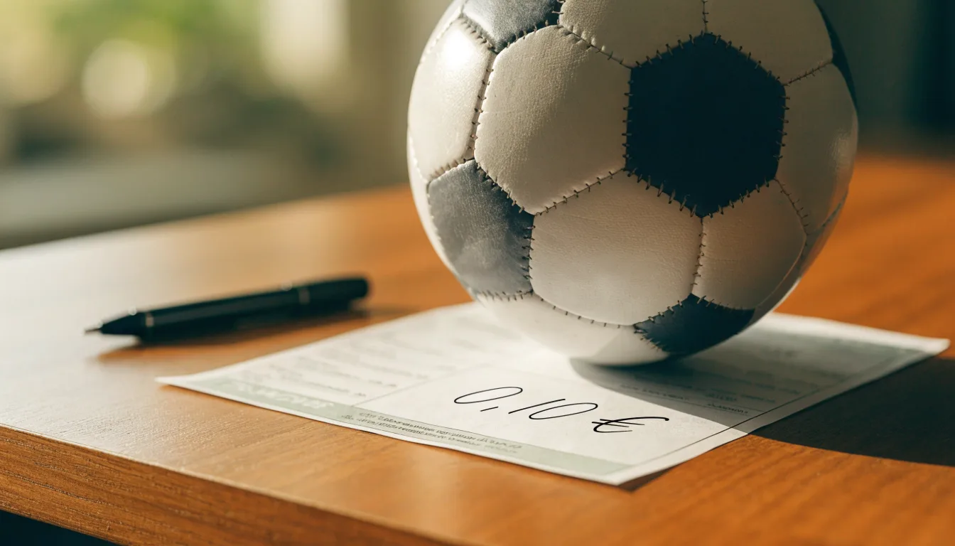 Uma bola de futebol pousada sobre um talão de apostas em branco numa mesa de madeira, à luz do dia