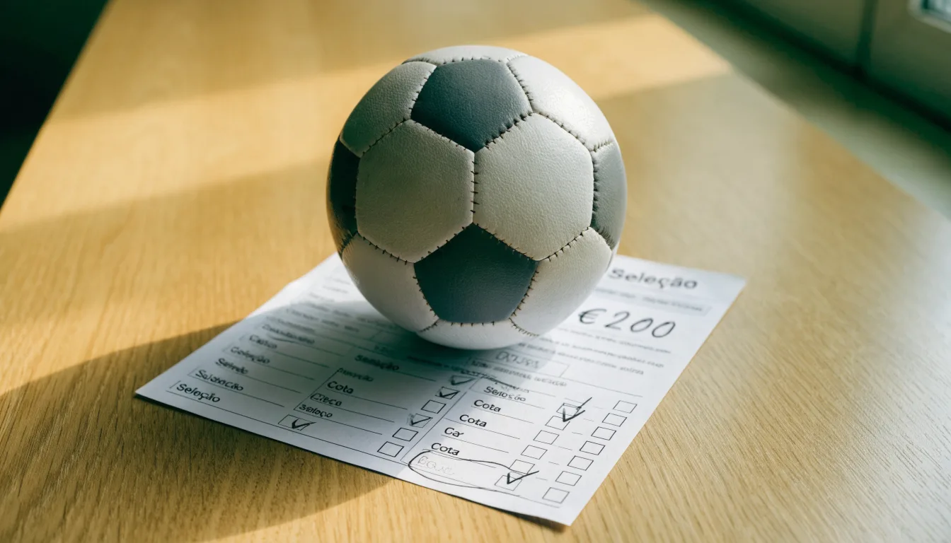 Uma bola de futebol pousada sobre um talão de apostas em branco numa mesa de madeira, à luz do dia