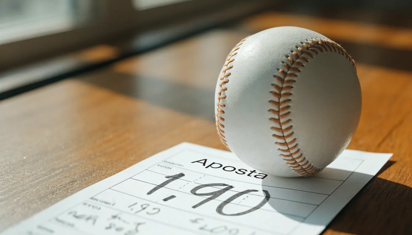 Uma bola de futebol pousada sobre um talão de apostas em branco numa mesa de madeira, à luz do dia