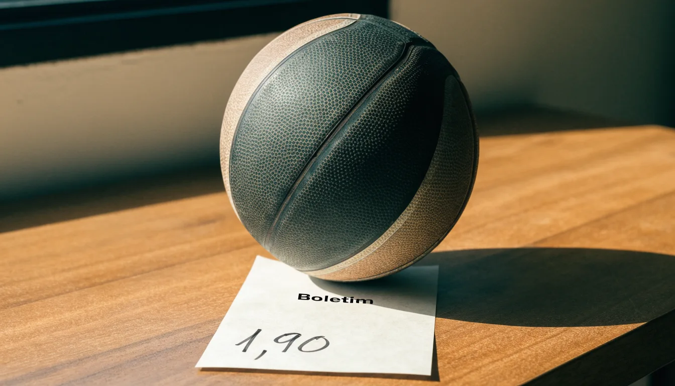 Uma bola de futebol pousada sobre um talão de apostas em branco numa mesa de madeira, à luz do dia