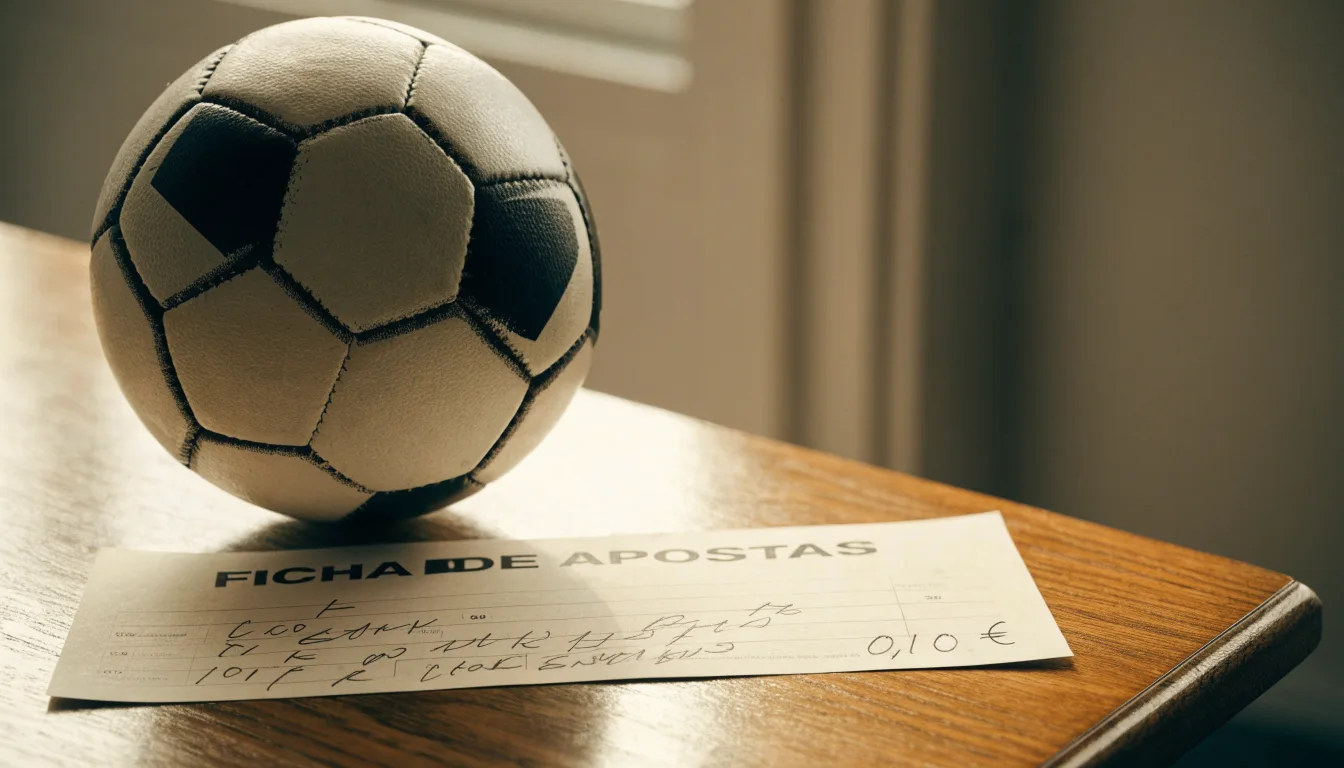 Uma bola de futebol pousada sobre um talão de apostas em branco numa mesa de madeira, à luz do dia