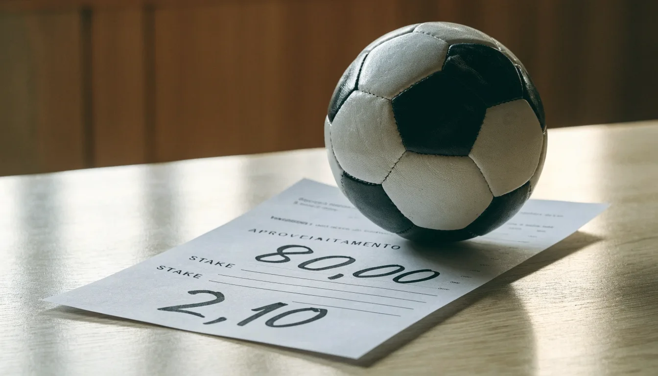 Uma bola de futebol pousada sobre um talão de apostas em branco numa mesa de madeira, à luz do dia