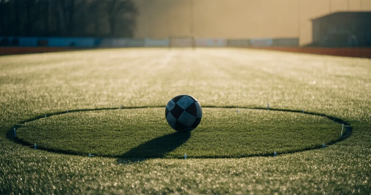 Uma bola de futebol no ponto central de um relvado, à luz da manhã