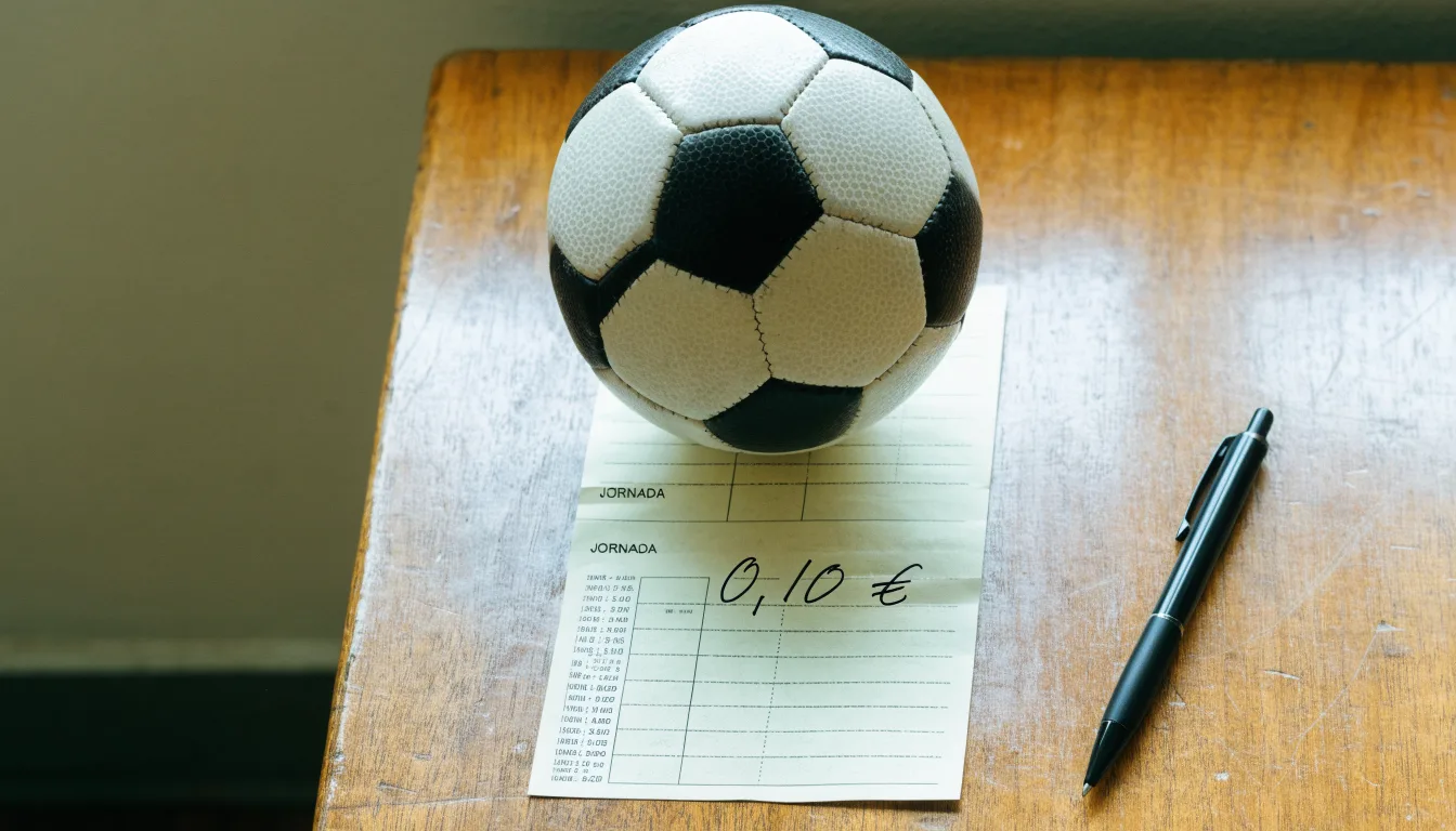 Uma bola de futebol pousada sobre um talão de apostas em branco numa mesa de madeira, à luz do dia
