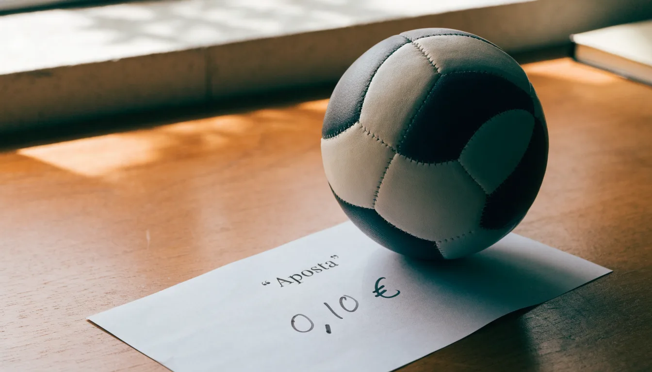Uma bola de futebol pousada sobre um talão de apostas em branco numa mesa de madeira, à luz do dia