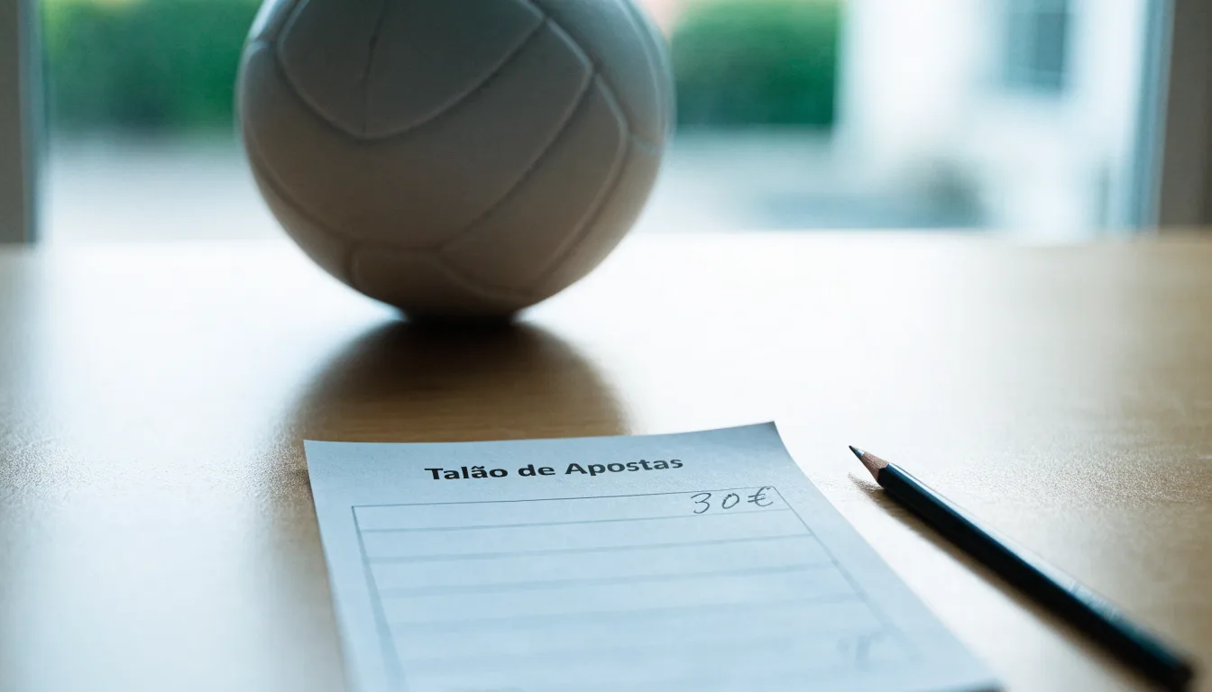 Uma bola de futebol pousada sobre um talão de apostas em branco numa mesa de madeira, à luz do dia