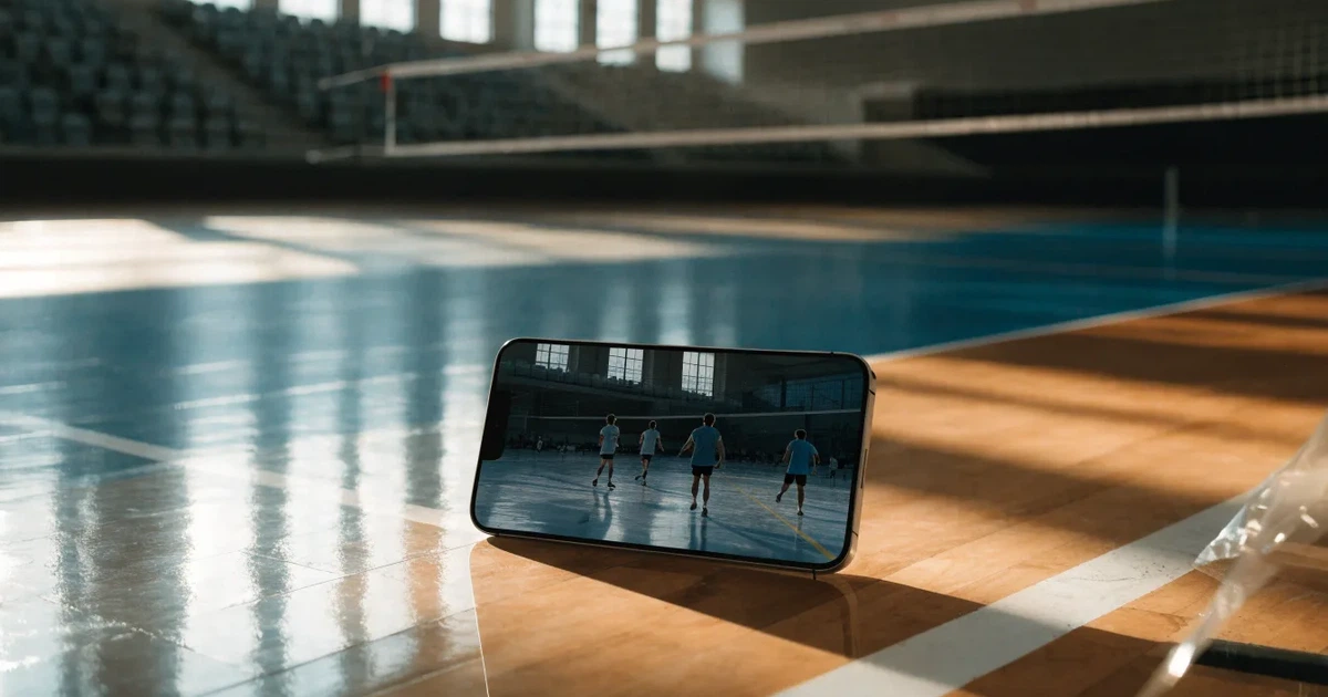 Uma bola de futebol no ponto central de um relvado, à luz da manhã