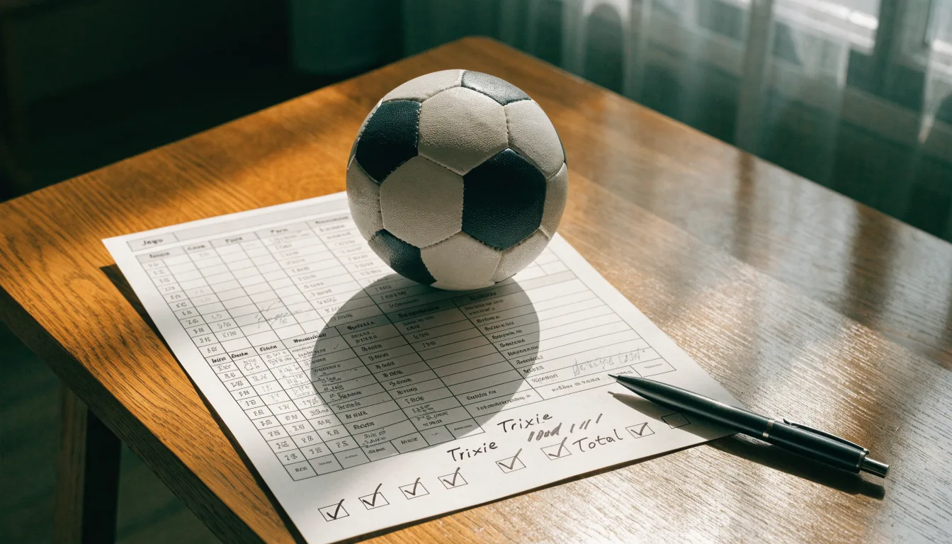 Uma bola de futebol pousada sobre um talão de apostas em branco numa mesa de madeira, à luz do dia