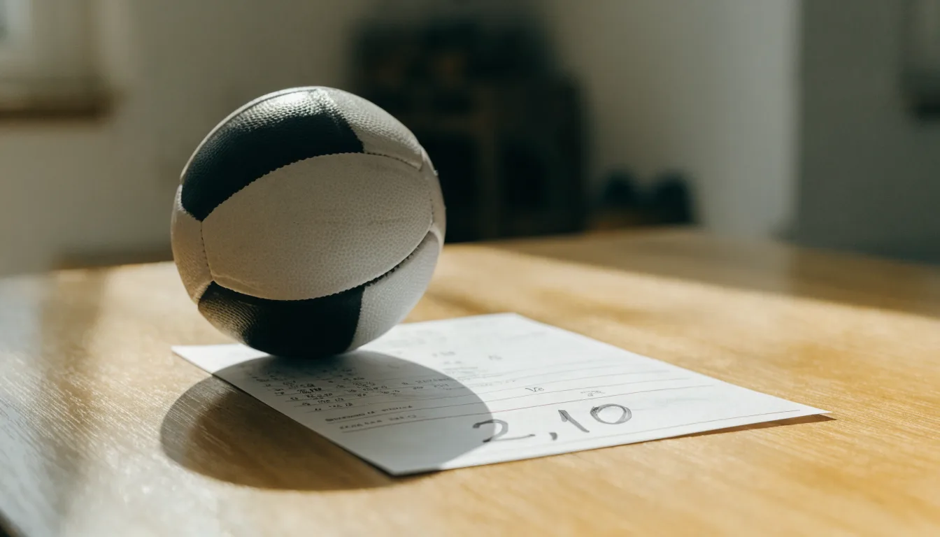Uma bola de futebol pousada sobre um talão de apostas em branco numa mesa de madeira, à luz do dia