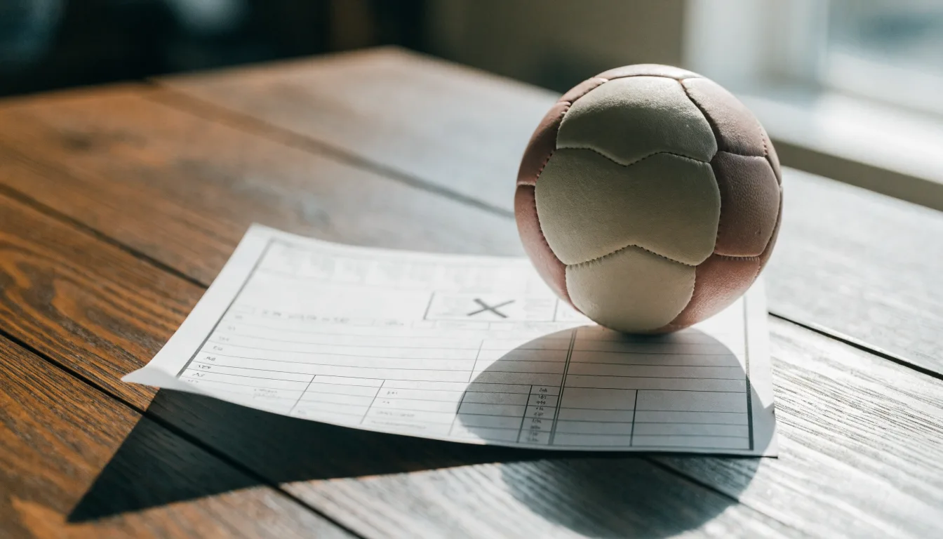 Uma bola de futebol pousada sobre um talão de apostas em branco numa mesa de madeira, à luz do dia