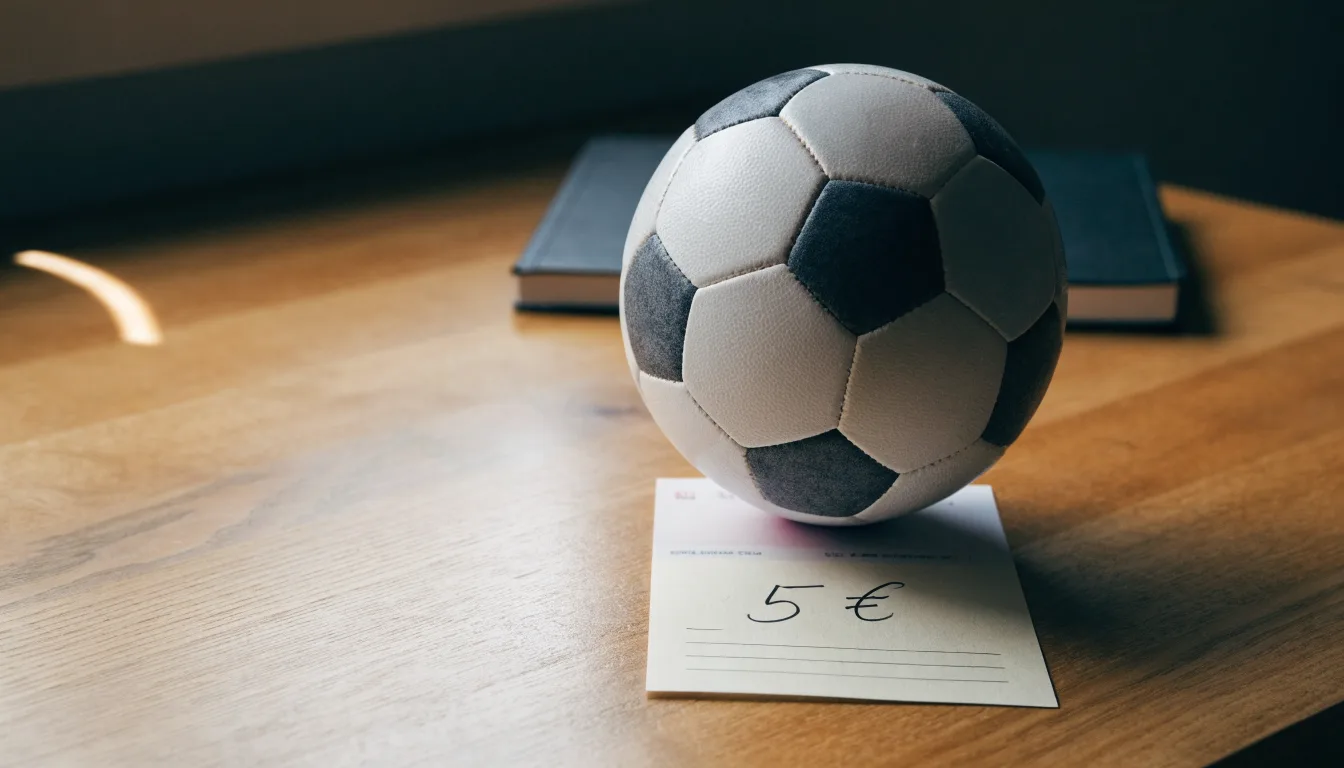Uma bola de futebol pousada sobre um talão de apostas em branco numa mesa de madeira, à luz do dia