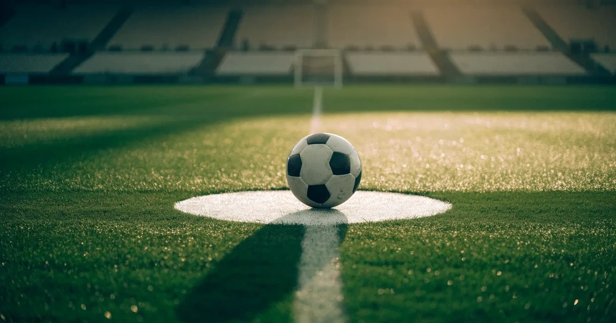 Uma bola de futebol no ponto central de um relvado, à luz da manhã