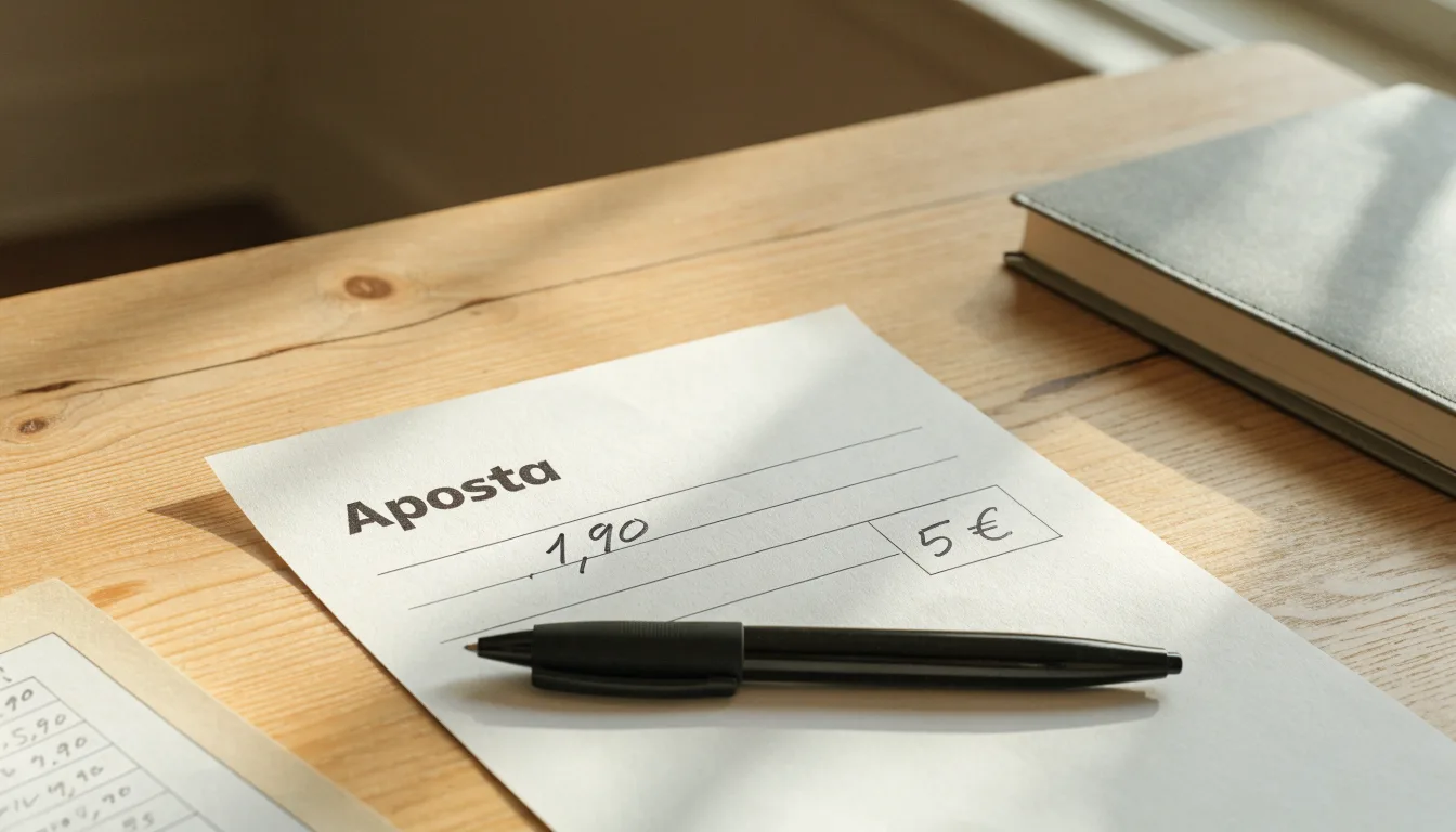 Uma bola de futebol pousada sobre um talão de apostas em branco numa mesa de madeira, à luz do dia