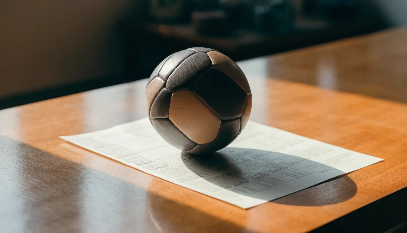 Uma bola de futebol pousada sobre um talão de apostas em branco numa mesa de madeira, à luz do dia
