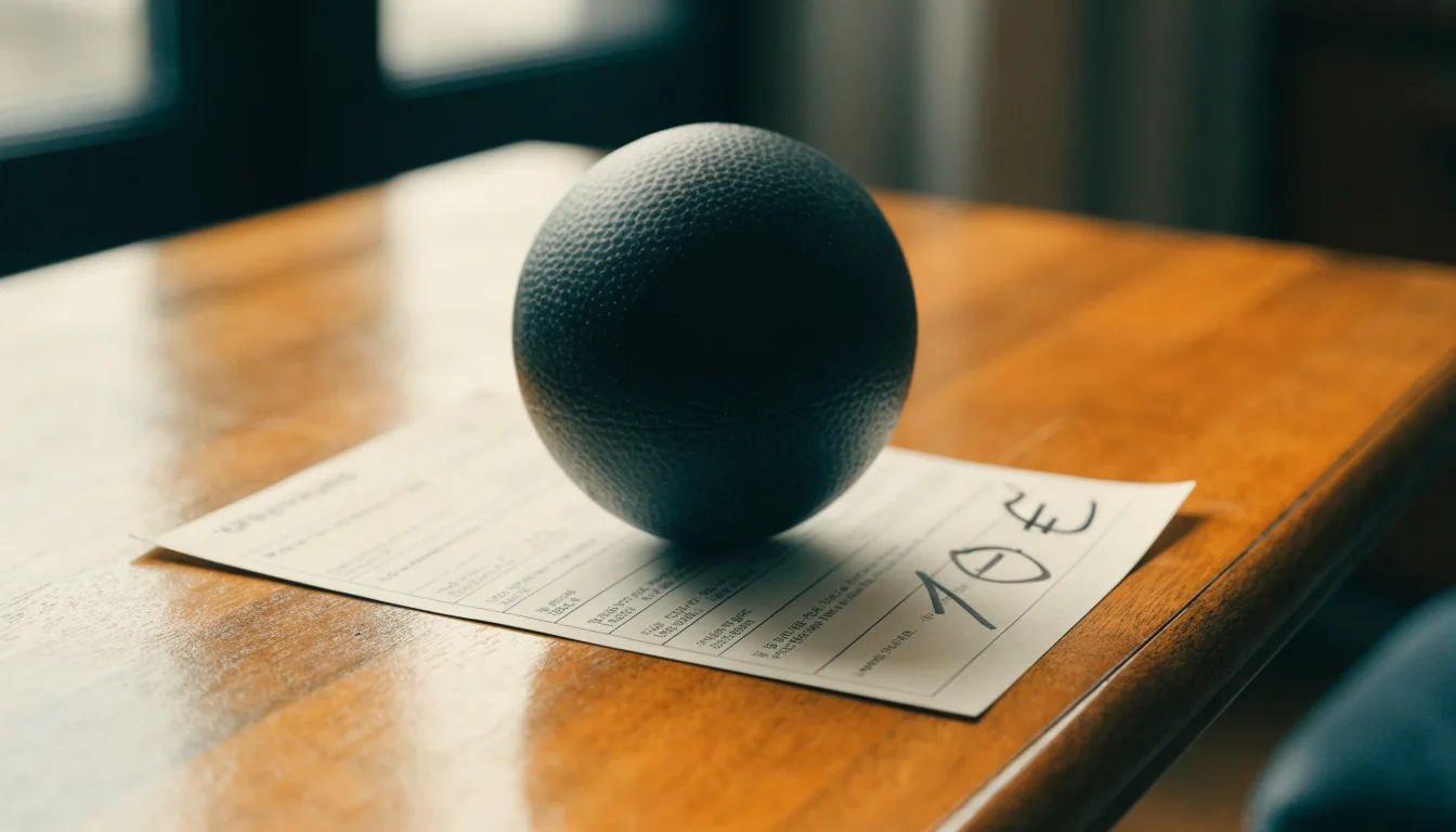 Uma bola de futebol pousada sobre um talão de apostas em branco numa mesa de madeira, à luz do dia