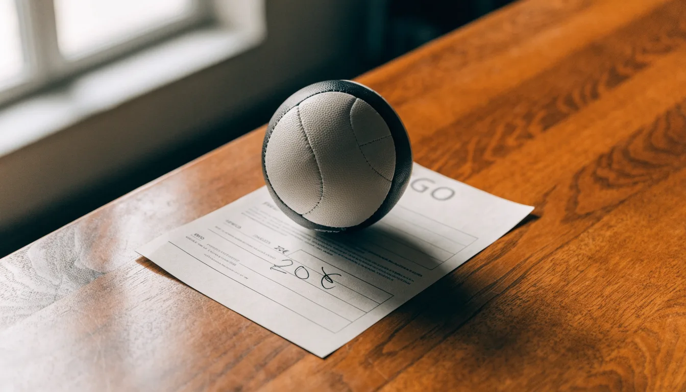 Uma bola de futebol pousada sobre um talão de apostas em branco numa mesa de madeira, à luz do dia