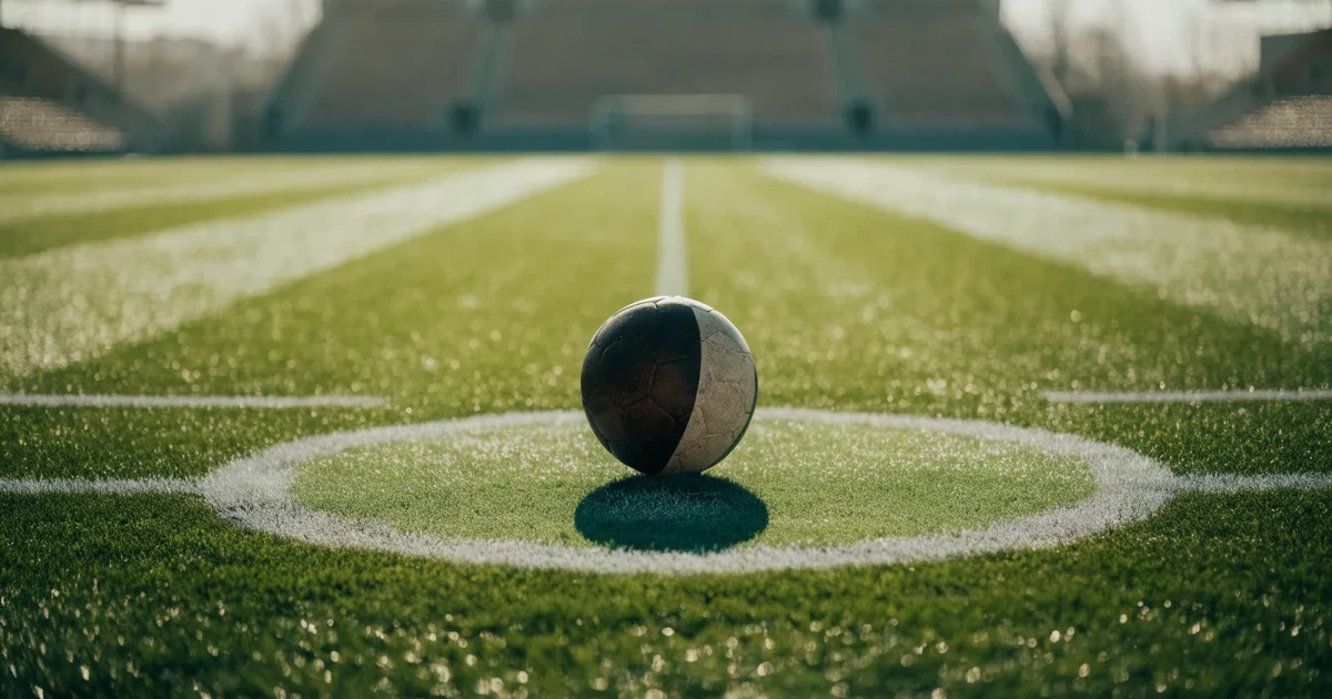 Uma bola de futebol no ponto central de um relvado, à luz da manhã
