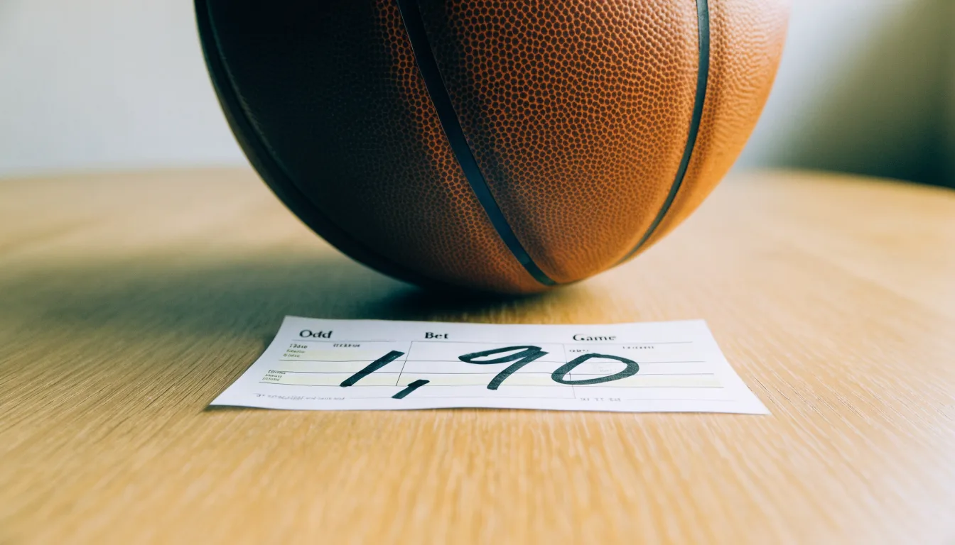 Uma bola de futebol pousada sobre um talão de apostas em branco numa mesa de madeira, à luz do dia