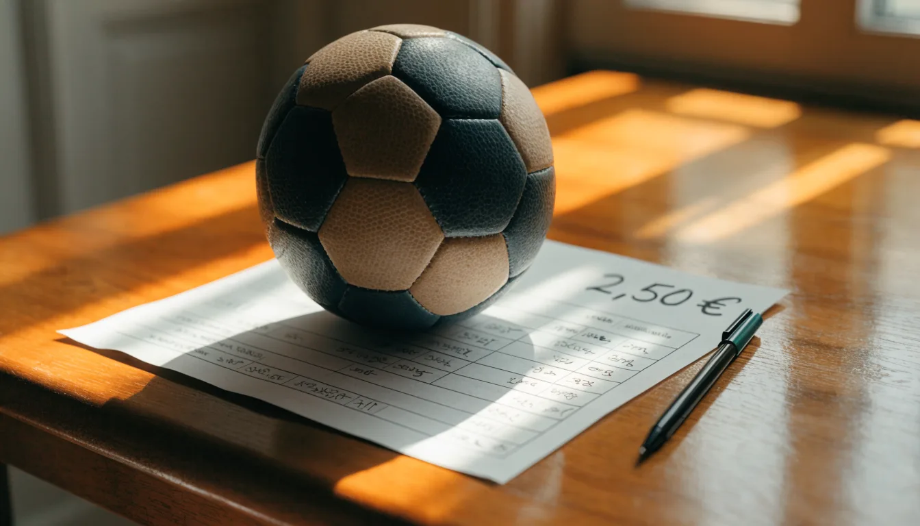 Uma bola de futebol pousada sobre um talão de apostas em branco numa mesa de madeira, à luz do dia