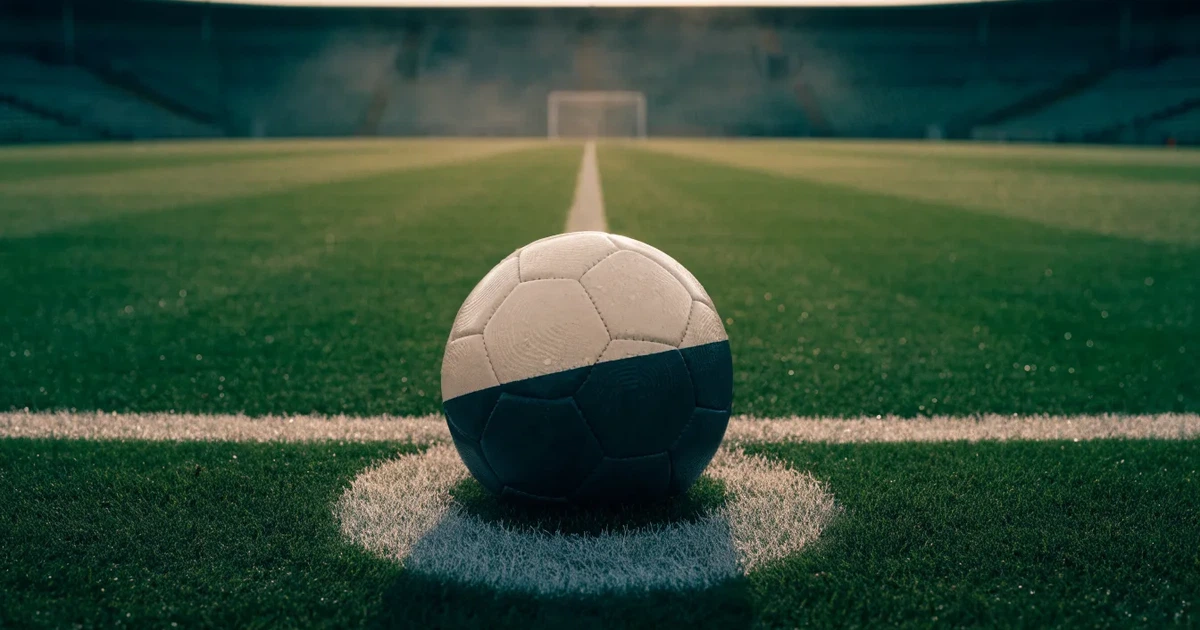 Uma bola de futebol no ponto central de um relvado, à luz da manhã