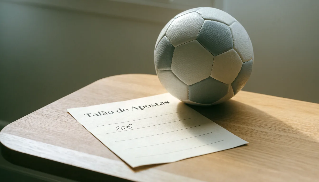 Uma bola de futebol pousada sobre um talão de apostas em branco numa mesa de madeira, à luz do dia