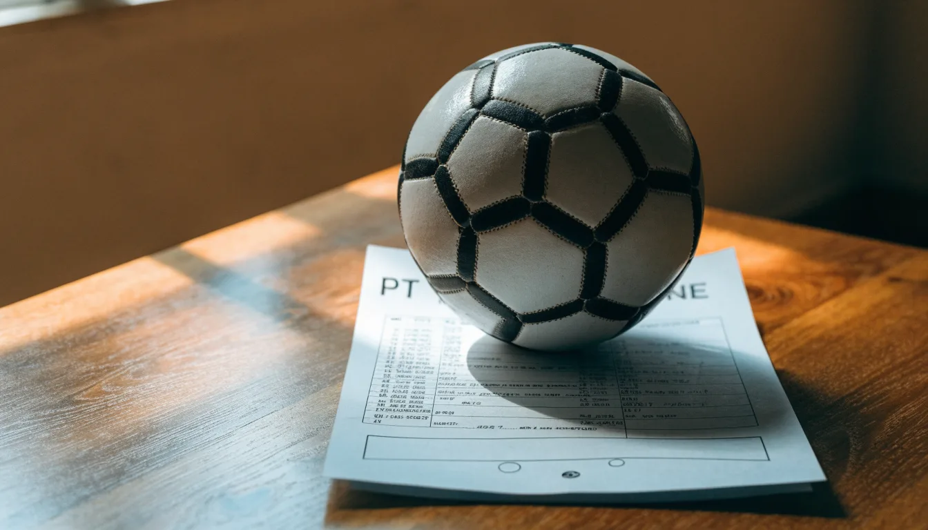Uma bola de futebol pousada sobre um talão de apostas em branco numa mesa de madeira, à luz do dia