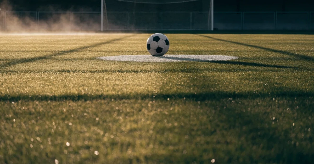 Uma bola de futebol no ponto central de um relvado, à luz da manhã
