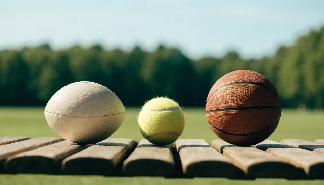 Três bolas de desportos diferentes alinhadas lado a lado num banco de madeira