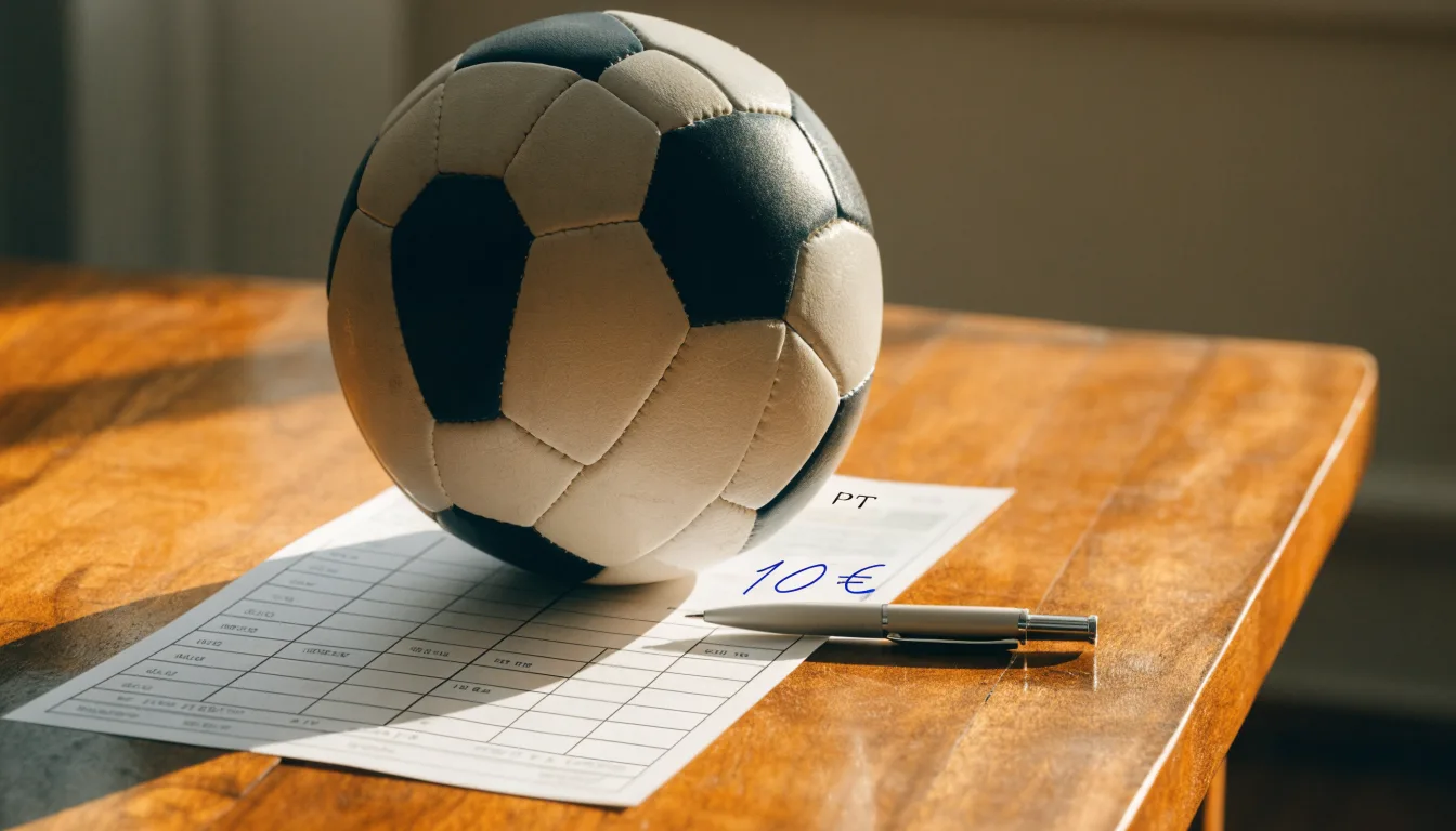 Uma bola de futebol pousada sobre um talão de apostas em branco numa mesa de madeira, à luz do dia