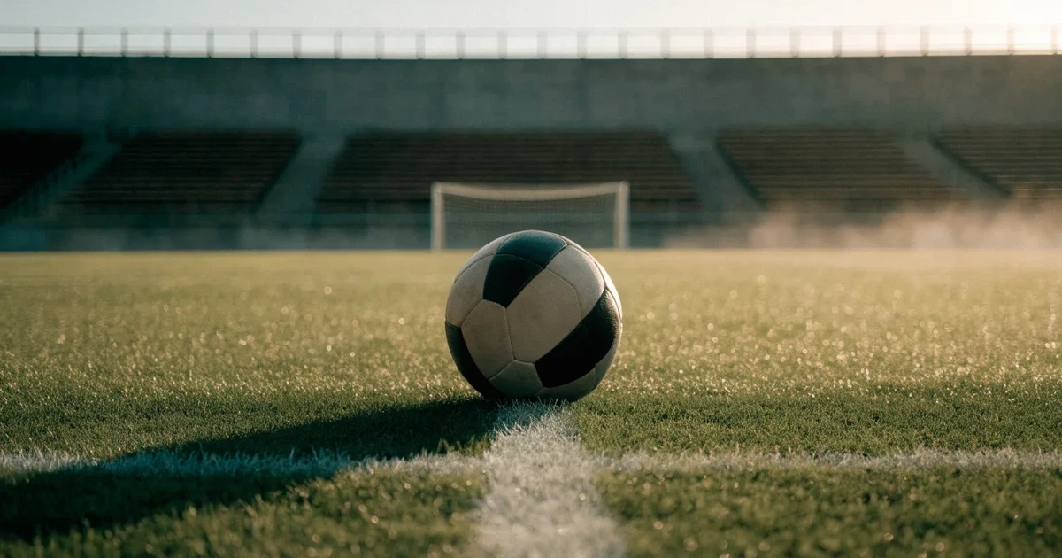 Uma bola de futebol no ponto central de um relvado, à luz da manhã