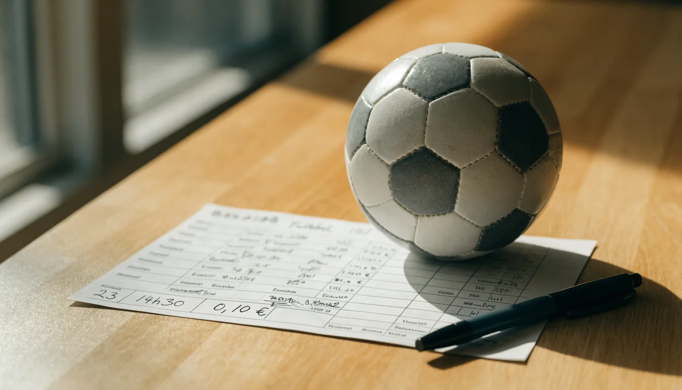 Uma bola de futebol pousada sobre um talão de apostas em branco numa mesa de madeira, à luz do dia