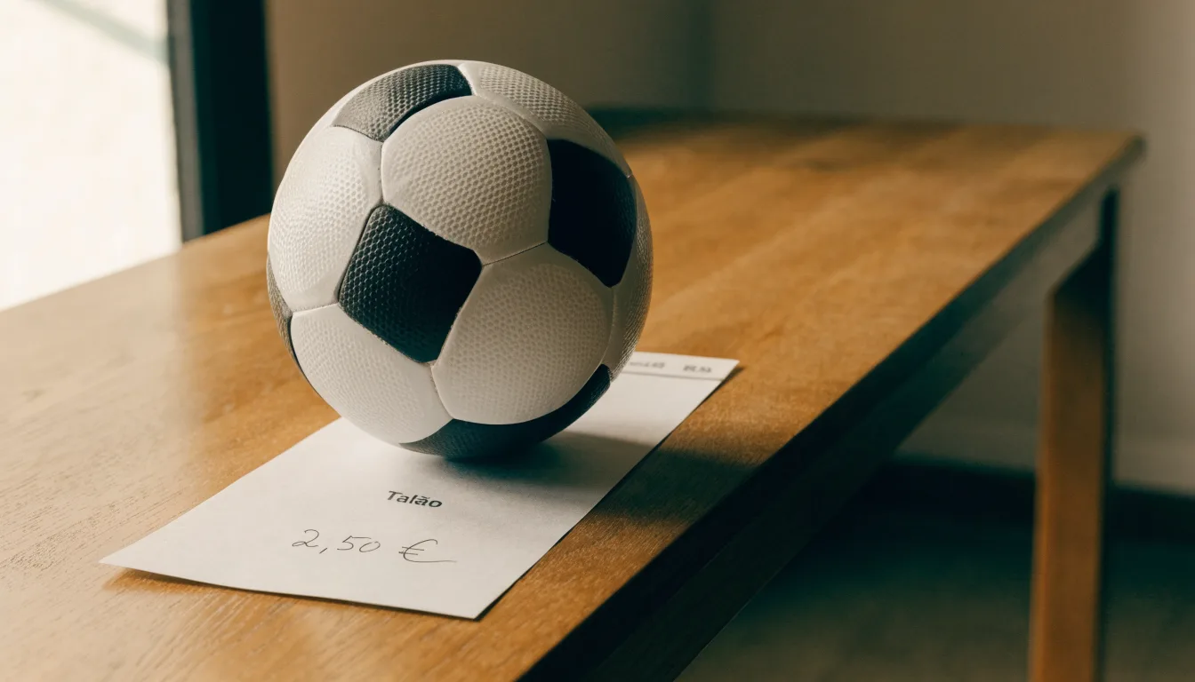 Uma bola de futebol pousada sobre um talão de apostas em branco numa mesa de madeira, à luz do dia