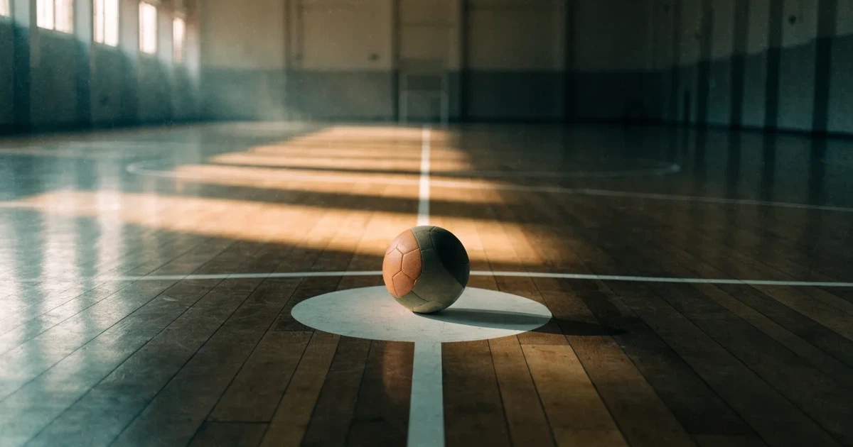 Uma bola de futebol no ponto central de um relvado, à luz da manhã