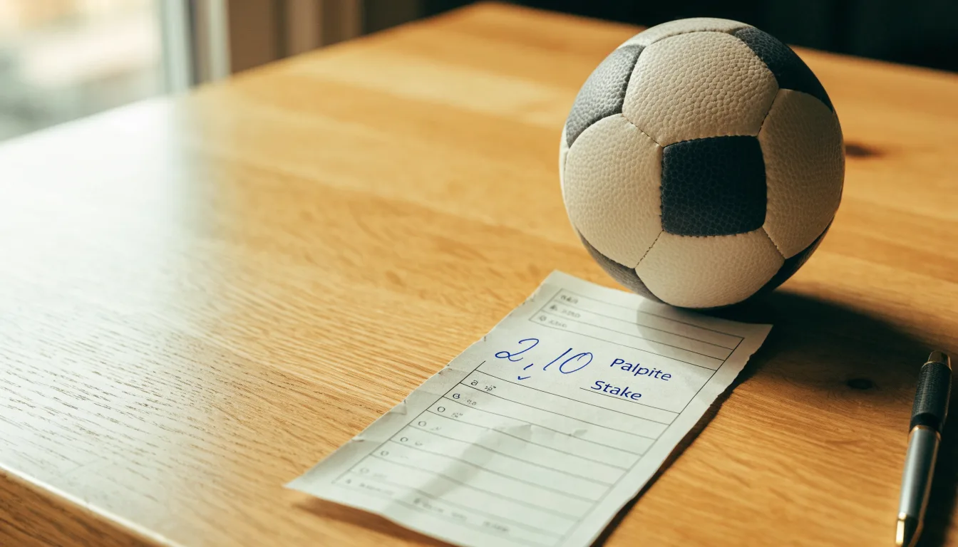 Uma bola de futebol pousada sobre um talão de apostas em branco numa mesa de madeira, à luz do dia