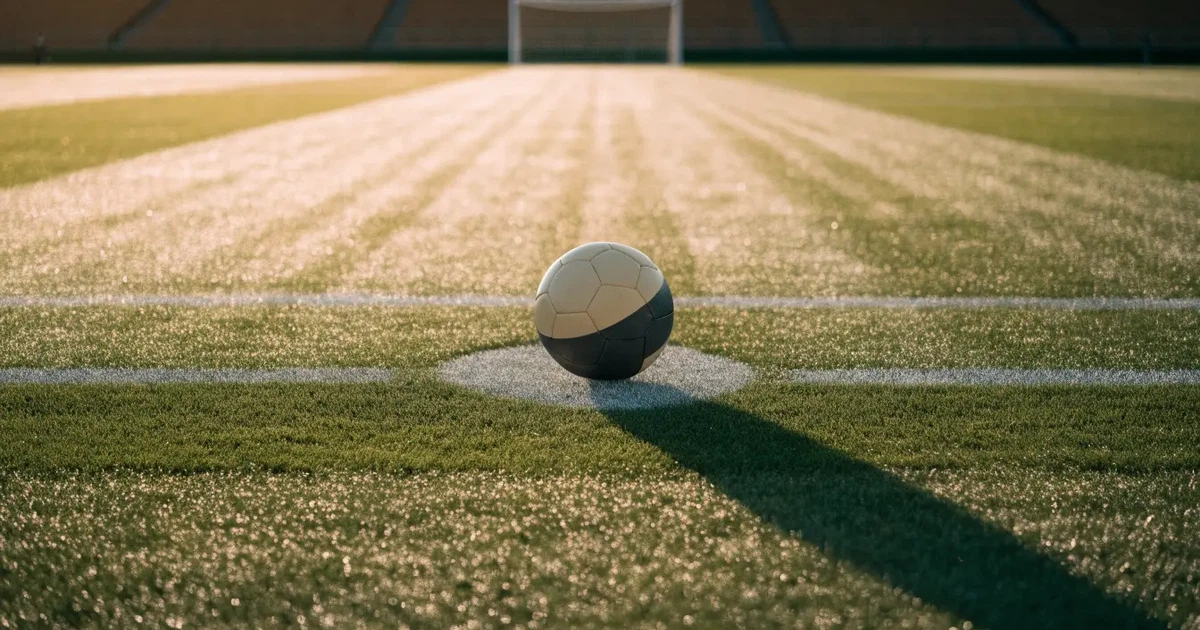 Uma bola de futebol no ponto central de um relvado, à luz da manhã