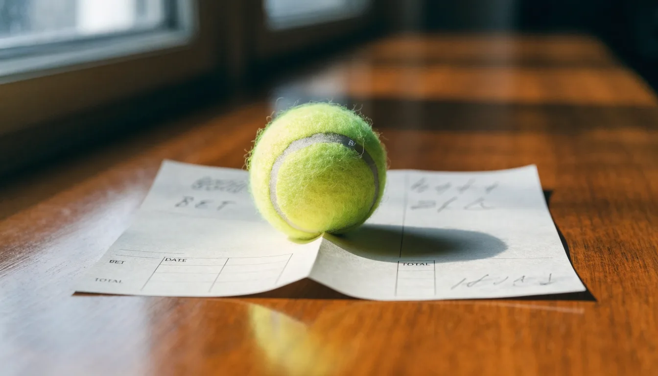 Uma bola de futebol pousada sobre um talão de apostas em branco numa mesa de madeira, à luz do dia