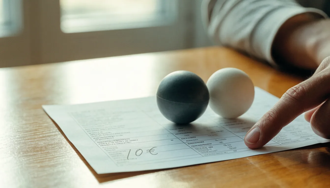 Uma bola de futebol pousada sobre um talão de apostas em branco numa mesa de madeira, à luz do dia