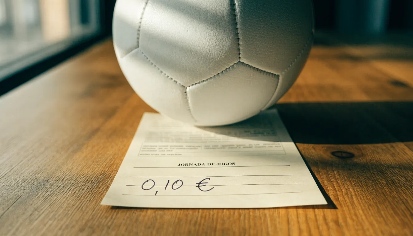 Uma bola de futebol pousada sobre um talão de apostas em branco numa mesa de madeira, à luz do dia