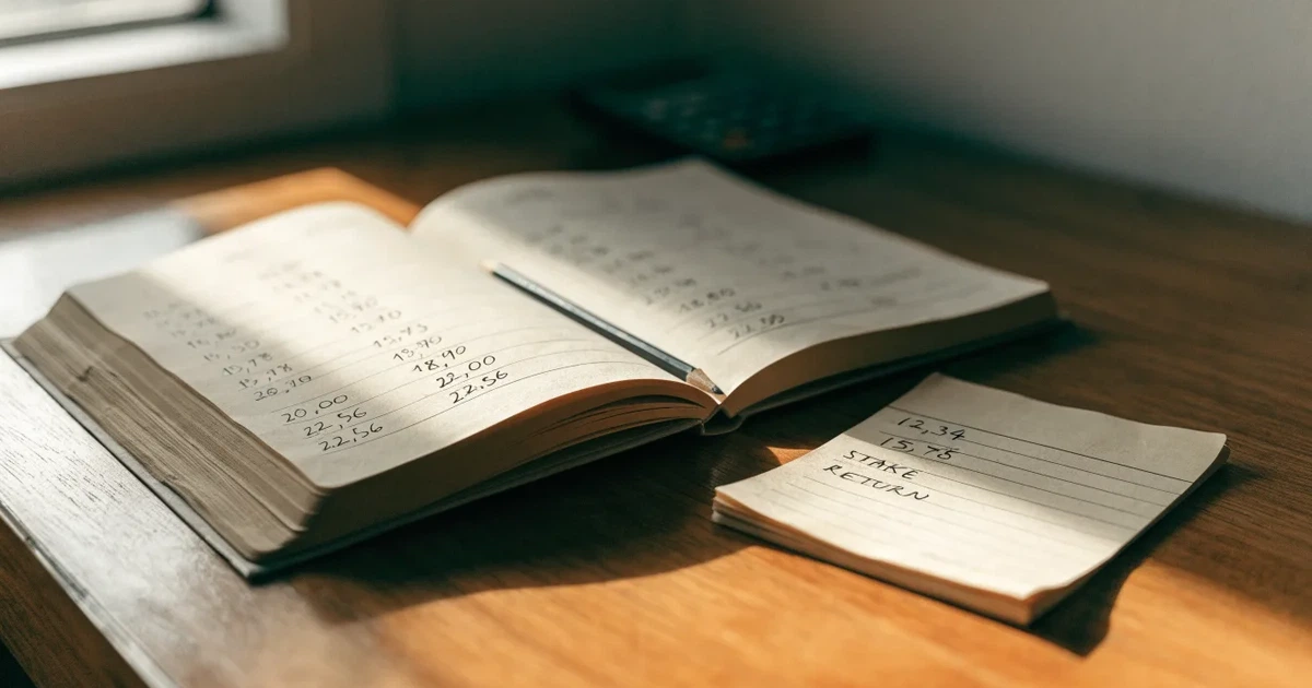 Um caderno aberto com cotas escritas à mão, uma calculadora e um lápis sobre uma mesa de madeira