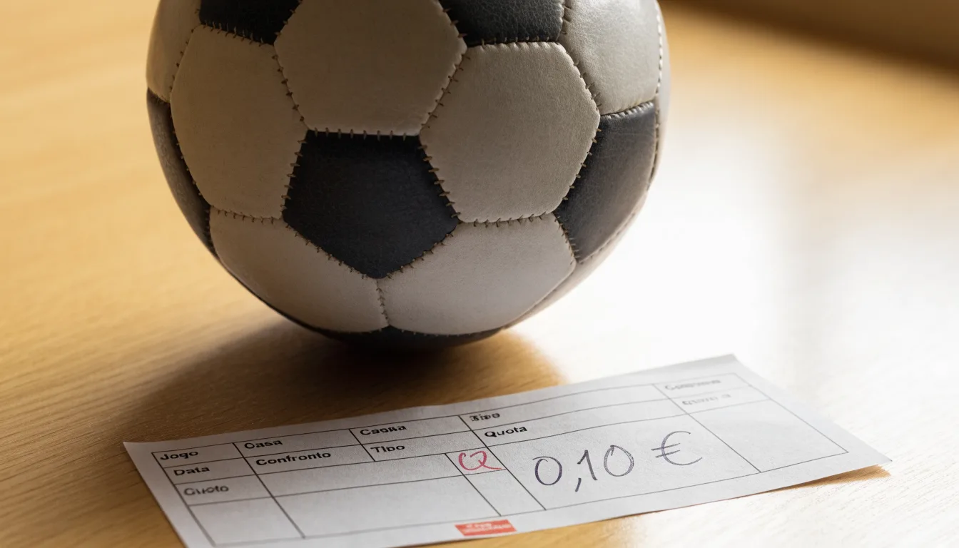 Uma bola de futebol pousada sobre um talão de apostas em branco numa mesa de madeira, à luz do dia
