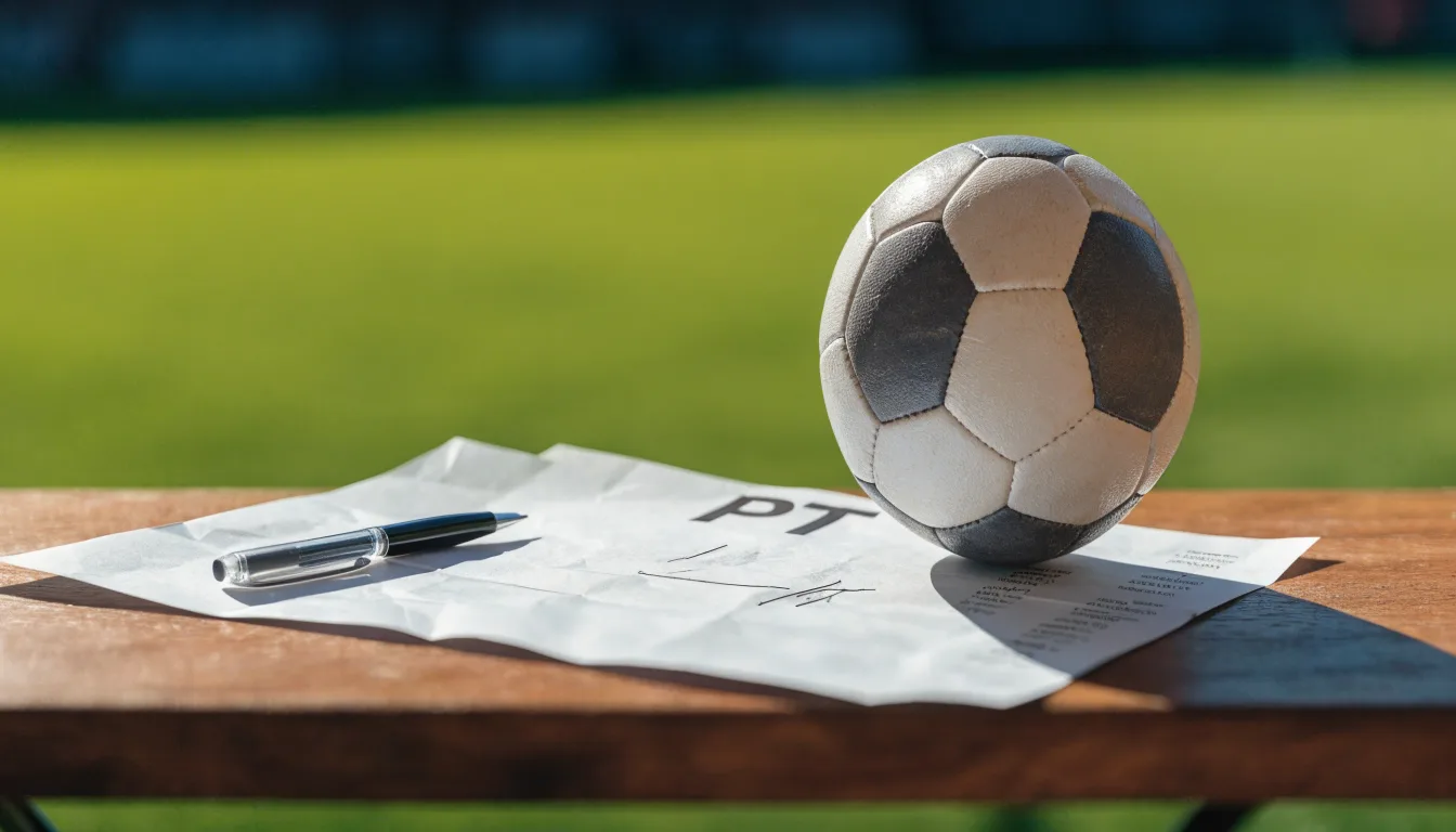 Uma bola de futebol pousada sobre um talão de apostas em branco numa mesa de madeira, à luz do dia