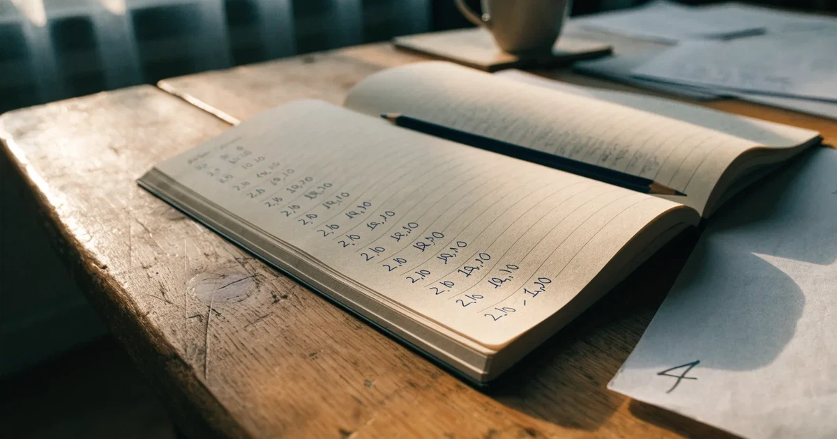 Um caderno aberto com cotas escritas à mão, uma calculadora e um lápis sobre uma mesa de madeira