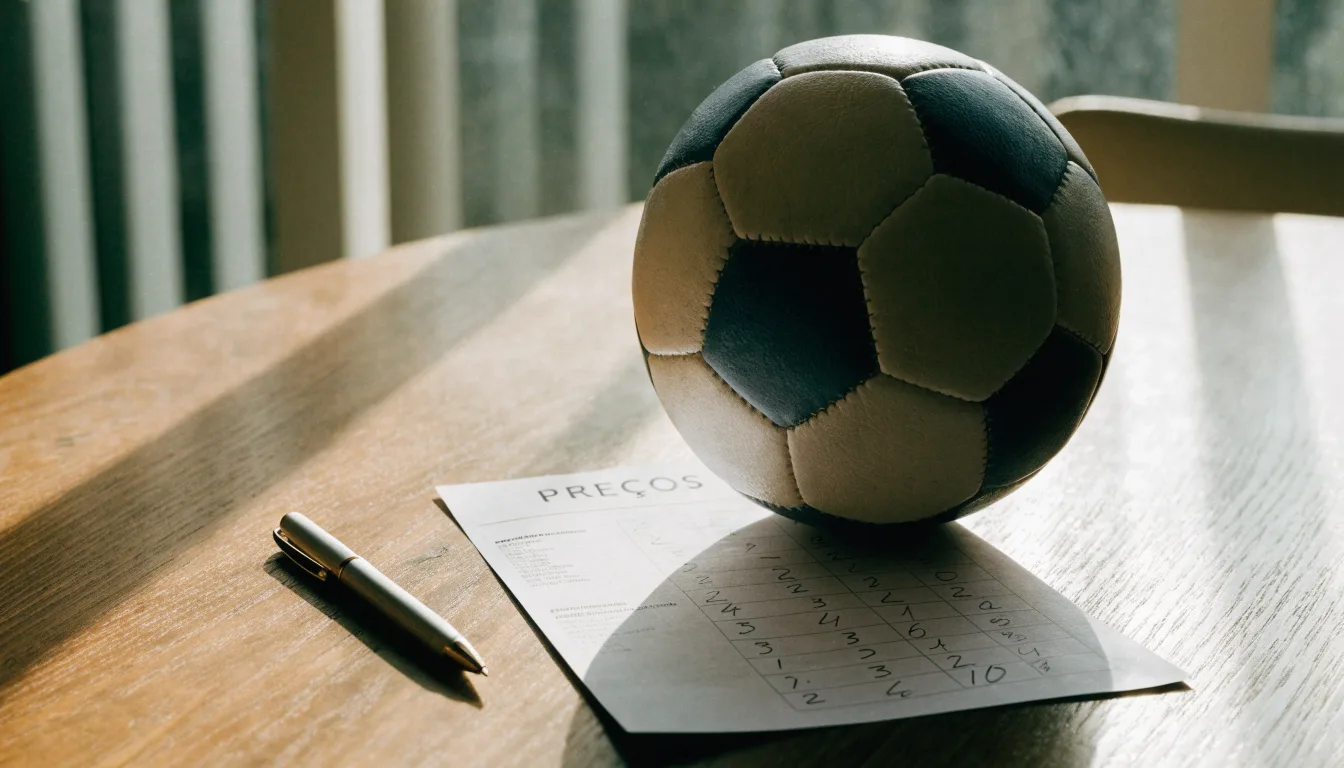 Uma bola de futebol pousada sobre um talão de apostas em branco numa mesa de madeira, à luz do dia