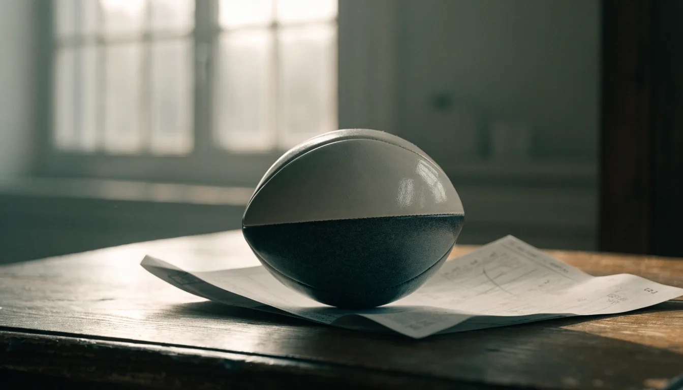 Uma bola de futebol pousada sobre um talão de apostas em branco numa mesa de madeira, à luz do dia
