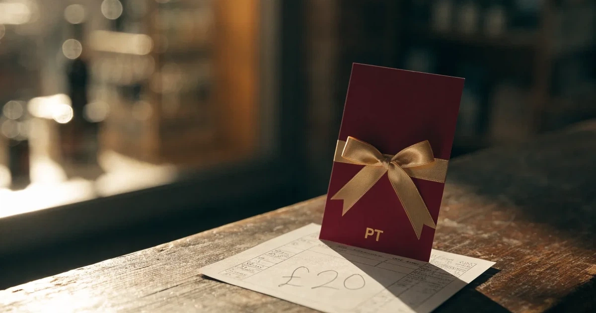 Um cartão de oferta com uma fita dourada ao lado de um talão de apostas numa bancada de madeira