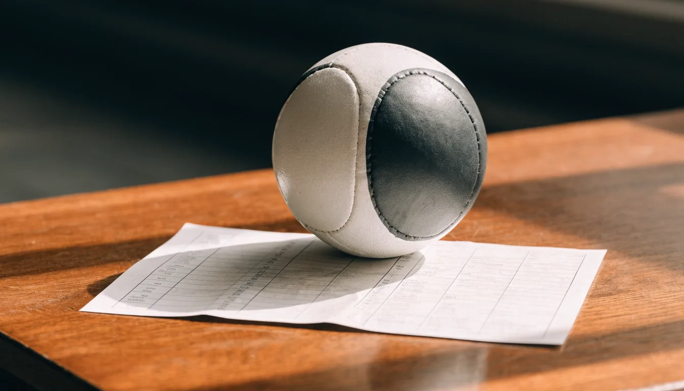 Uma bola de futebol pousada sobre um talão de apostas em branco numa mesa de madeira, à luz do dia